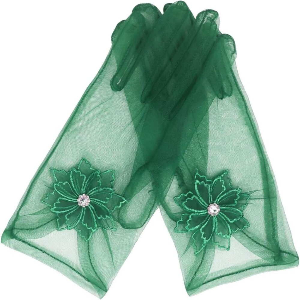 Women's Short Floral Green Diamond Flower Gloves Tulle Tea Opera Party Elegant